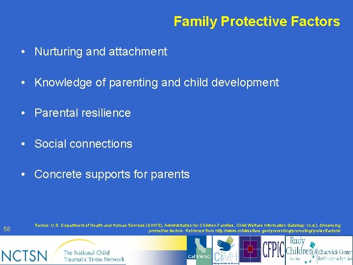 Family Protective Factors • Nurturing and attachment • Knowledge of parenting and child development
