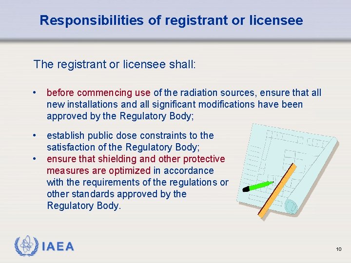 Responsibilities of registrant or licensee The registrant or licensee shall: • before commencing use