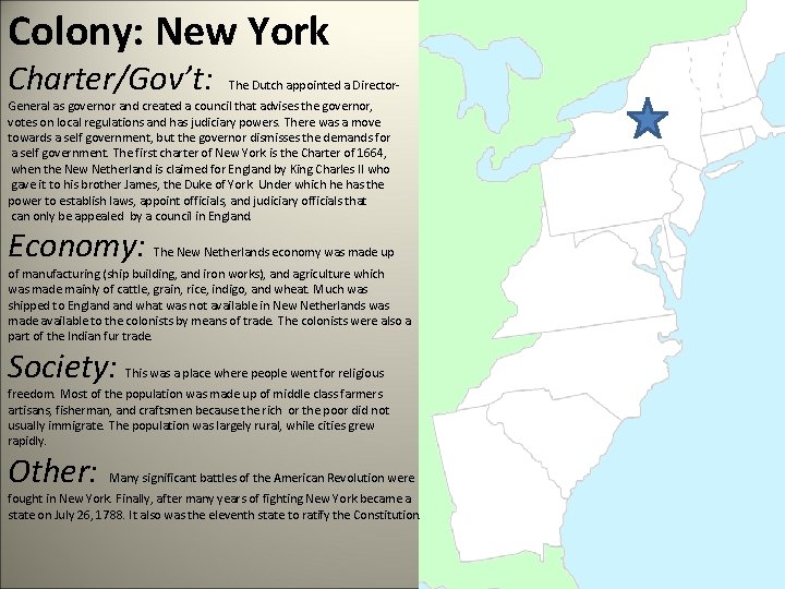 Colony: New York Charter/Gov’t: The Dutch appointed a Director- General as governor and created