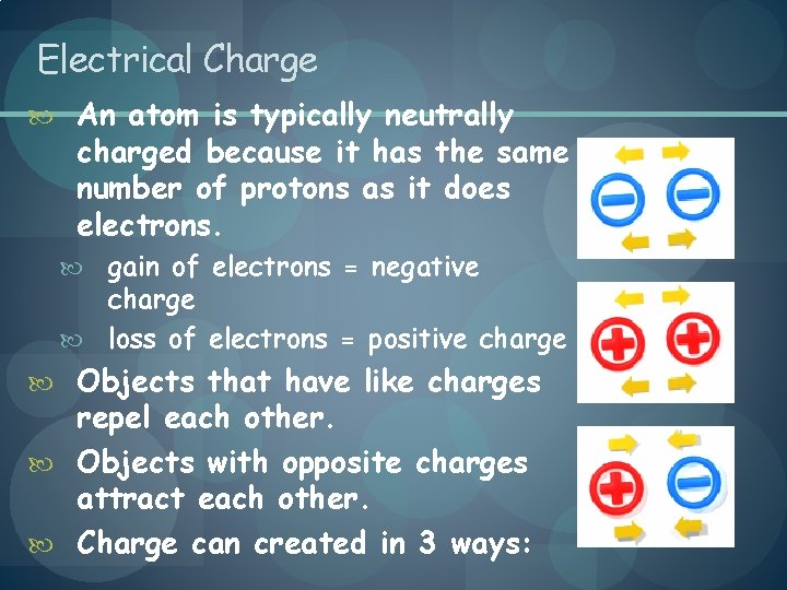 Electrical Charge An atom is typically neutrally charged because it has the same number