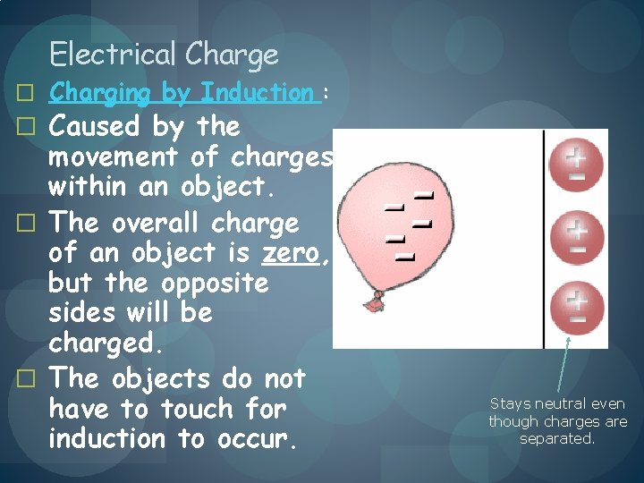Electrical Charge � Charging by Induction : � Caused by the movement of charges