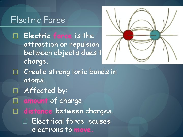 Electric Force � Electric force is the � � attraction or repulsion between objects