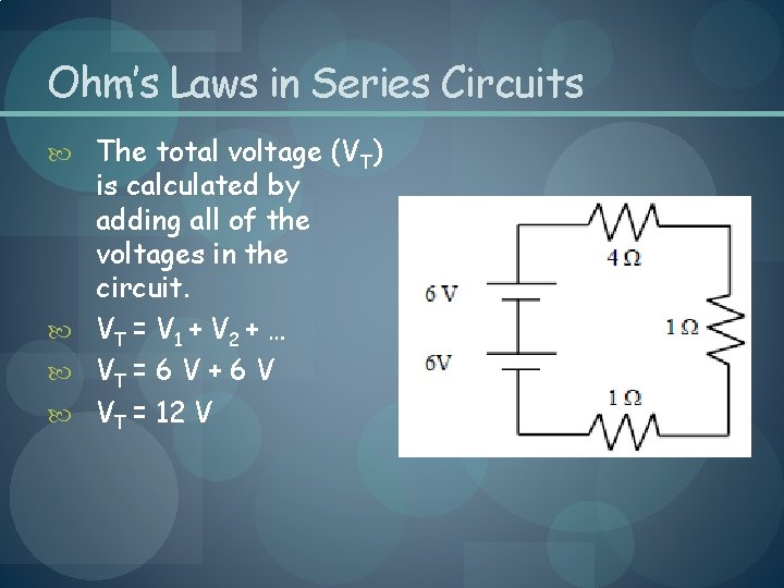 Ohm’s Laws in Series Circuits The total voltage (VT) is calculated by adding all