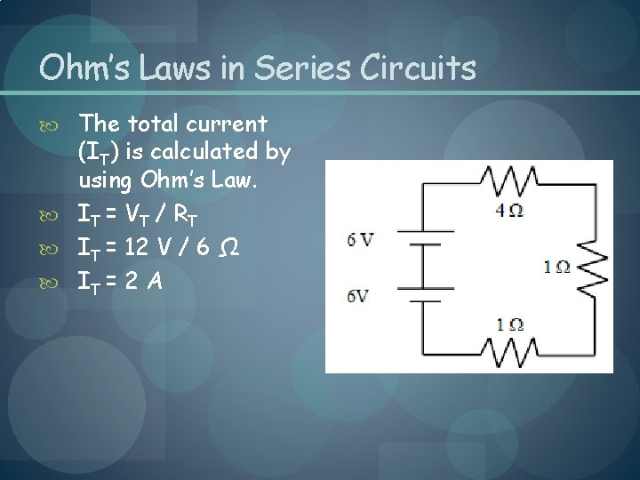 Ohm’s Laws in Series Circuits The total current (IT) is calculated by using Ohm’s