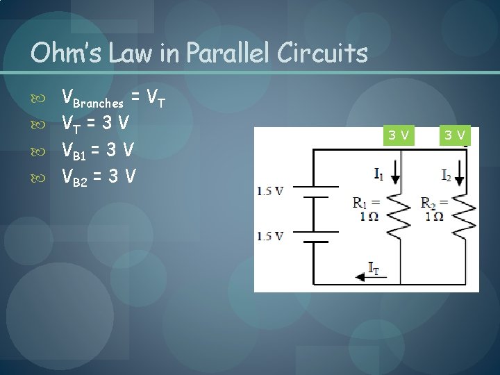 Ohm’s Law in Parallel Circuits VBranches = VT = 3 V VB 1 =