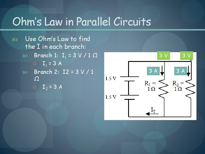 Ohm’s Law in Parallel Circuits Use Ohm’s Law to find the I in each