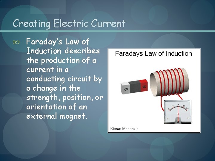 Creating Electric Current Faraday’s Law of Induction describes the production of a current in