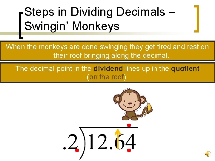 Steps in Dividing Decimals – Swingin’ Monkeys When the monkeys are done swinging they