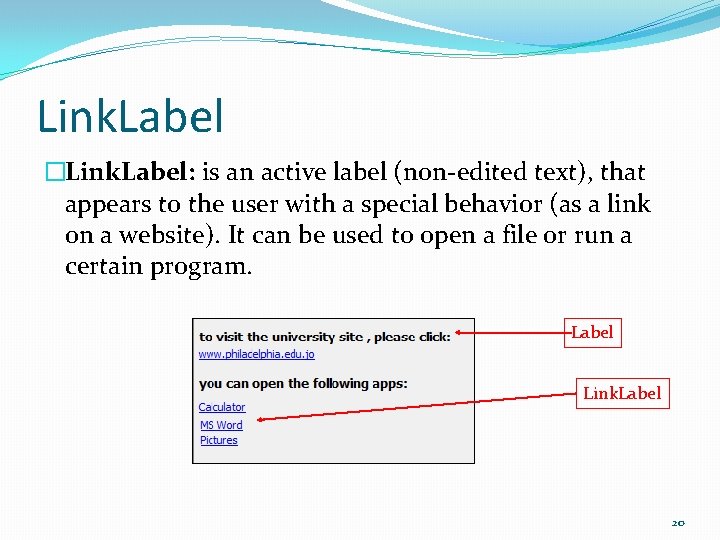 Link. Label �Link. Label: is an active label (non-edited text), that appears to the