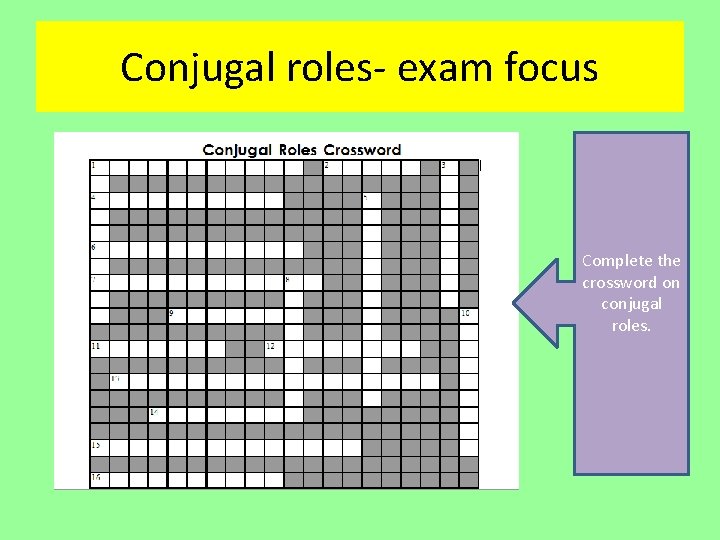 Conjugal roles- exam focus Complete the crossword on conjugal roles. Conjugal roles- exam focus Complete the crossword on conjugal roles.
