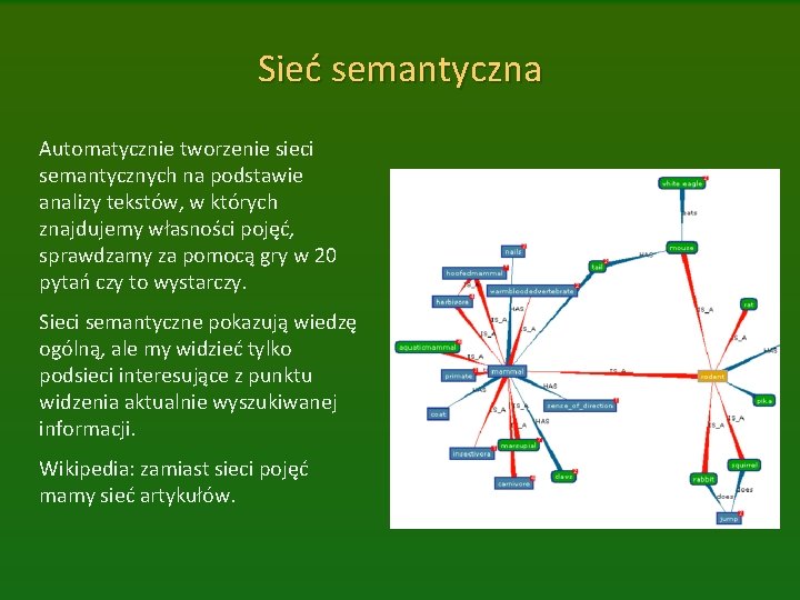 Sieć semantyczna Automatycznie tworzenie sieci semantycznych na podstawie analizy tekstów, w których znajdujemy własności