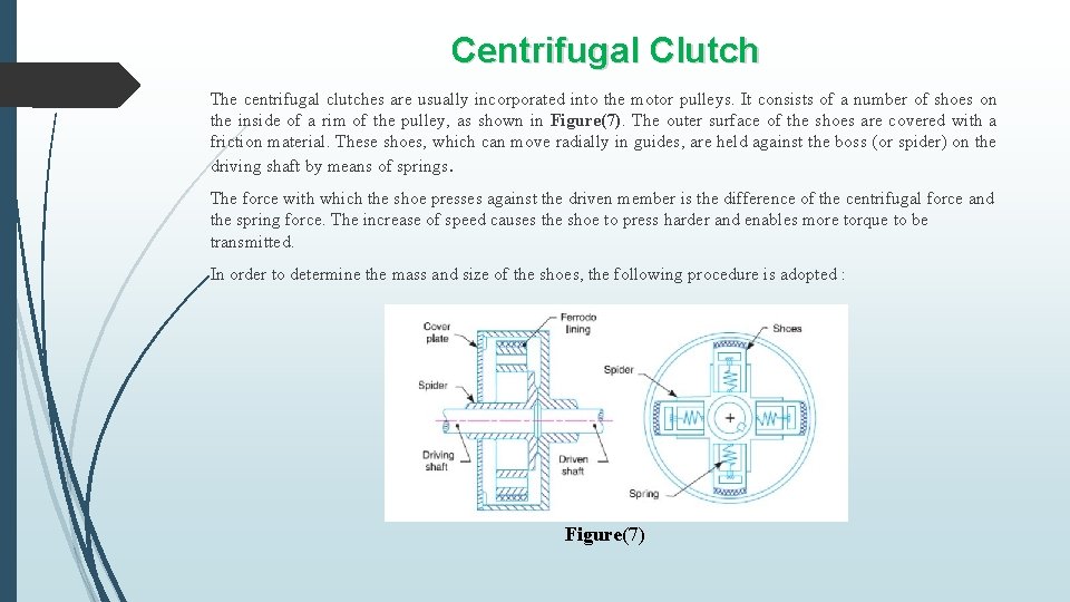 Centrifugal Clutch The centrifugal clutches are usually incorporated into the motor pulleys. It consists