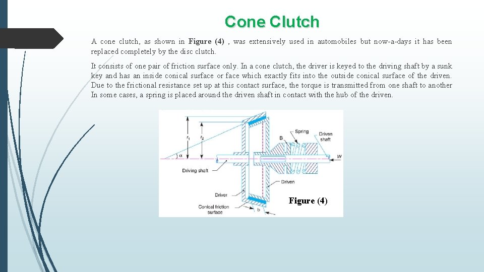 Cone Clutch A cone clutch, as shown in Figure (4) , was extensively used