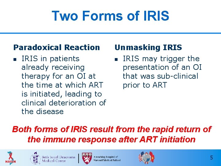 Two Forms of IRIS Paradoxical Reaction n IRIS in patients already receiving therapy for