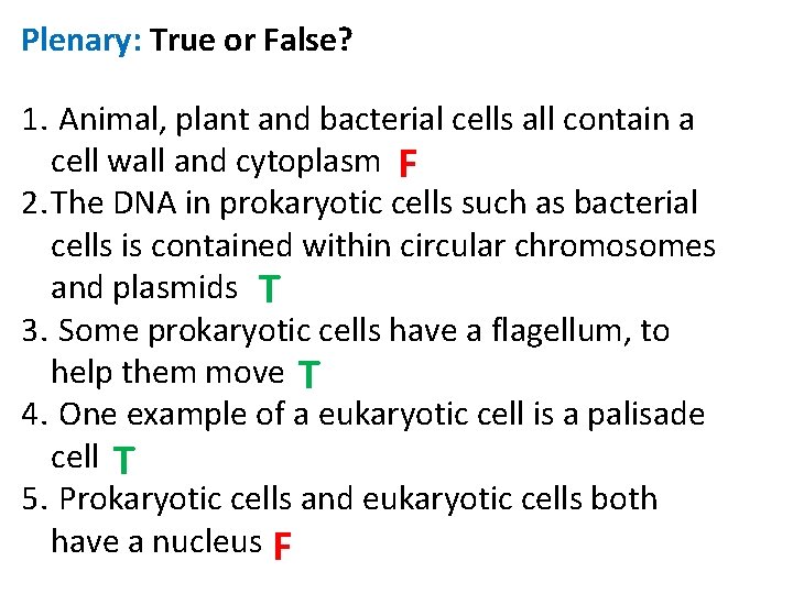 Plenary: True or False? 1. Animal, plant and bacterial cells all contain a cell