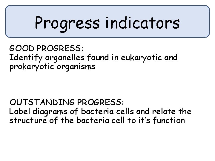 Progress indicators GOOD PROGRESS: Identify organelles found in eukaryotic and prokaryotic organisms OUTSTANDING PROGRESS: