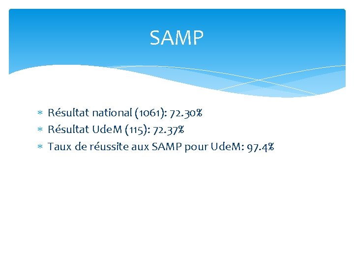 SAMP Résultat national (1061): 72. 30% Résultat Ude. M (115): 72. 37% Taux de