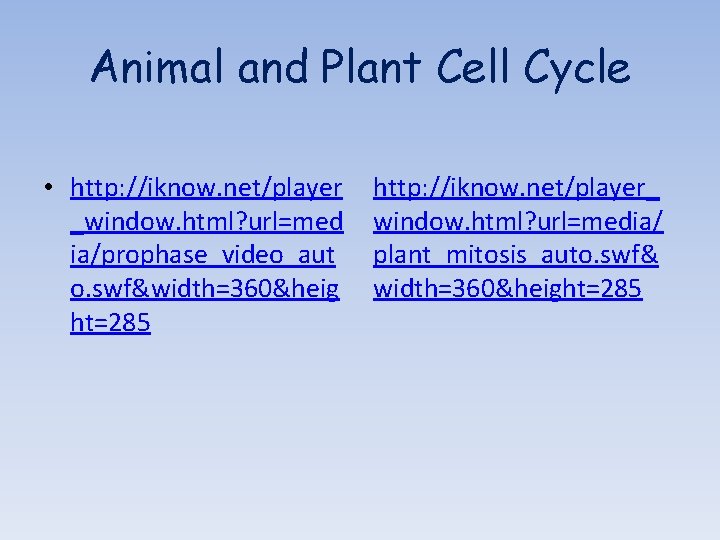 Animal and Plant Cell Cycle • http: //iknow. net/player _window. html? url=med ia/prophase_video_aut o.