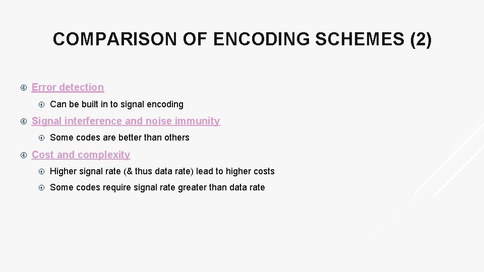 COMPARISON OF ENCODING SCHEMES (2) Error detection Signal interference and noise immunity Can be