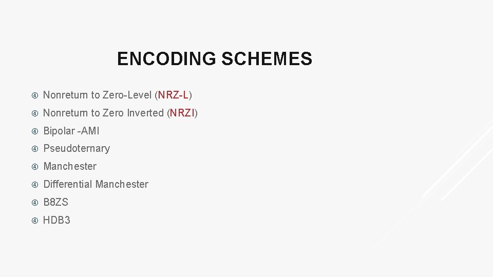 ENCODING SCHEMES Nonreturn to Zero-Level (NRZ-L) Nonreturn to Zero Inverted (NRZI) Bipolar -AMI Pseudoternary