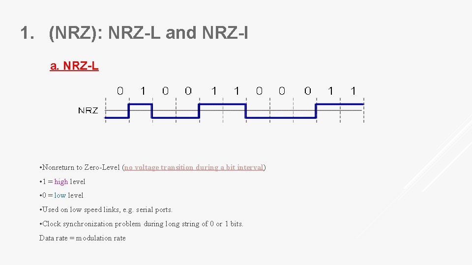 1. (NRZ): NRZ-L and NRZ-I a. NRZ-L • Nonreturn to Zero-Level (no voltage transition