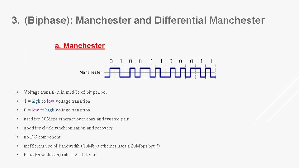 3. (Biphase): Manchester and Differential Manchester a. Manchester • Voltage transition in middle of