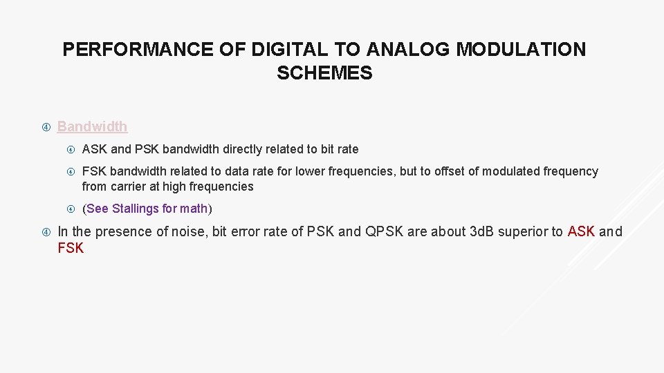PERFORMANCE OF DIGITAL TO ANALOG MODULATION SCHEMES Bandwidth ASK and PSK bandwidth directly related