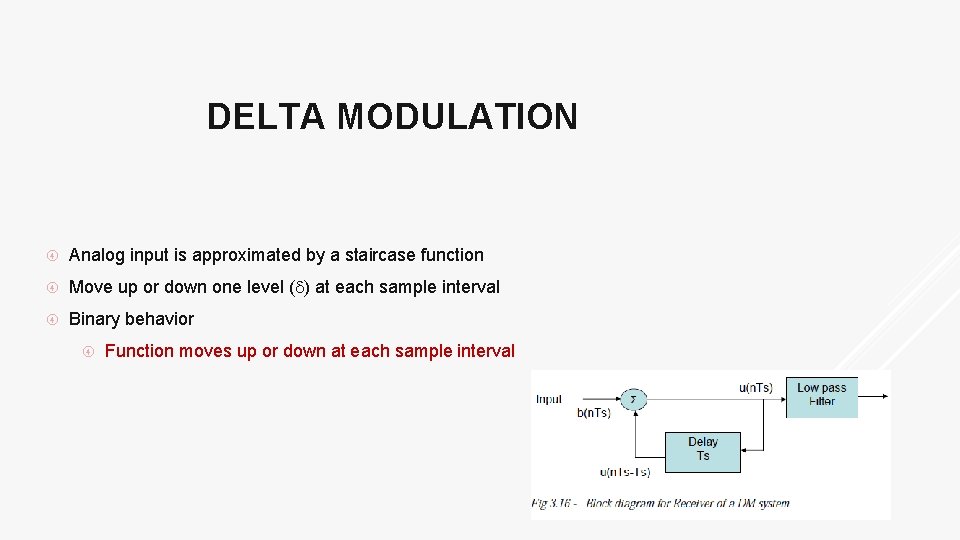 DELTA MODULATION Analog input is approximated by a staircase function Move up or down