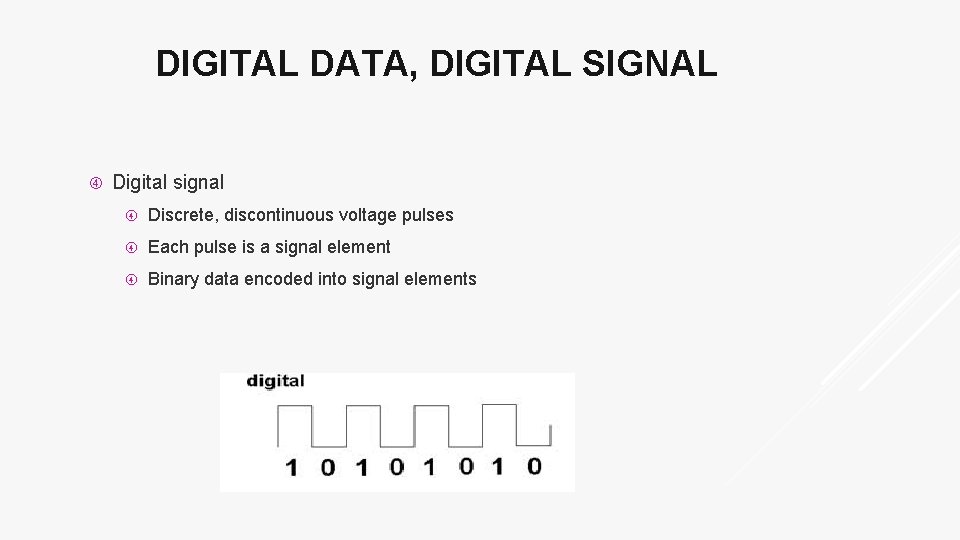 DIGITAL DATA, DIGITAL SIGNAL Digital signal Discrete, discontinuous voltage pulses Each pulse is a