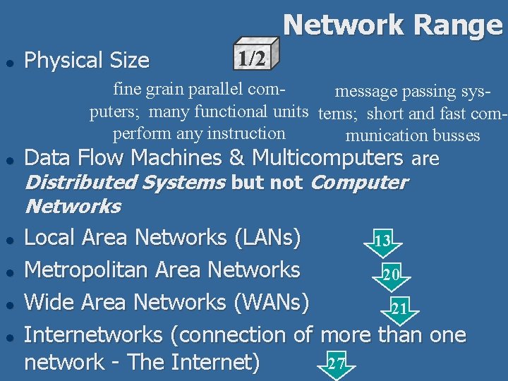 Network Range l Physical Size 1/2 fine grain parallel commessage passing sysputers; many functional