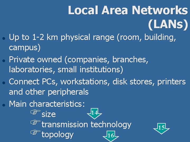 Local Area Networks (LANs) l l Up to 1 -2 km physical range (room,