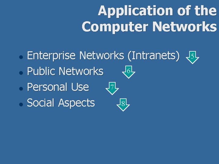 Application of the Computer Networks l l Enterprise Networks (Intranets) 6 Public Networks 7