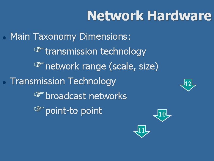 Network Hardware l Main Taxonomy Dimensions: Ftransmission technology Fnetwork range (scale, size) l Transmission