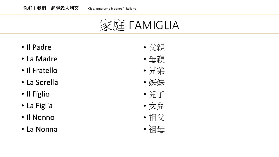 你好 ! 我們一起學義大利文 Ciao, impariamo insieme l’italiano 家庭 FAMIGLIA • Il Padre • La 你好 ! 我們一起學義大利文 Ciao, impariamo insieme l’italiano 家庭 FAMIGLIA • Il Padre • La