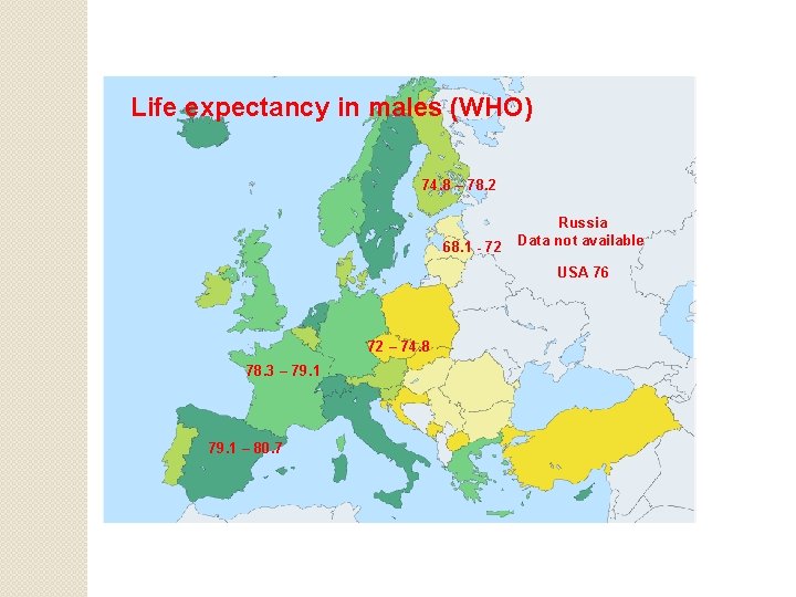 Life expectancy in males (WHO) 74. 8 – 78. 2 68. 1 - 72
