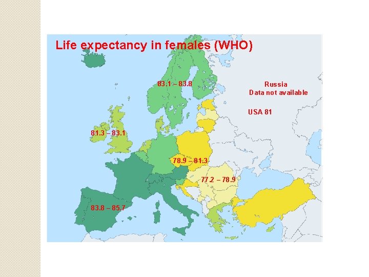 Life expectancy in females (WHO) 83. 1 – 83. 8 Russia Data not available