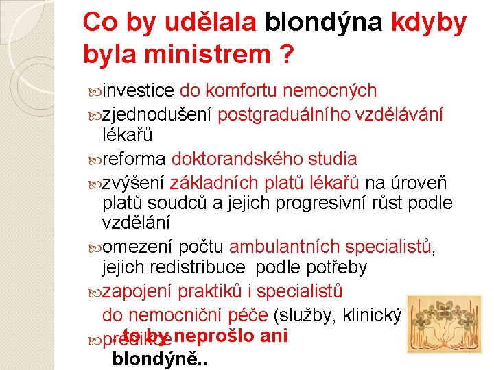 Co by udělala blondýna kdyby byla ministrem ? investice do komfortu nemocných zjednodušení postgraduálního