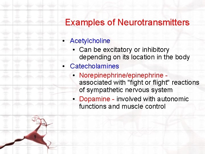Examples of Neurotransmitters • Acetylcholine • Can be excitatory or inhibitory depending on its Examples of Neurotransmitters • Acetylcholine • Can be excitatory or inhibitory depending on its