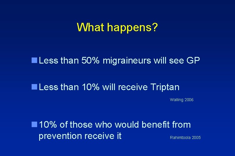 What happens? n Less than 50% migraineurs will see GP n Less than 10%