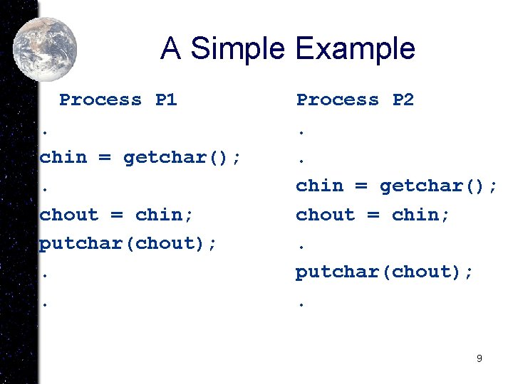 A Simple Example Process P 1. chin = getchar(); . chout = chin; putchar(chout);