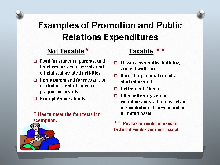 Examples of Promotion and Public Relations Expenditures Not Taxable* Taxable ** q Food for