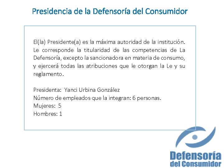 Presidencia de la Defensoría del Consumidor El(la) Presidente(a) es la máxima autoridad de la