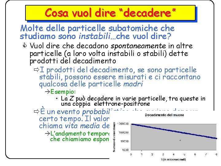 Cosa vuol dire “decadere” Molte delle particelle subatomiche studiamo sono instabili…che vuol dire? C