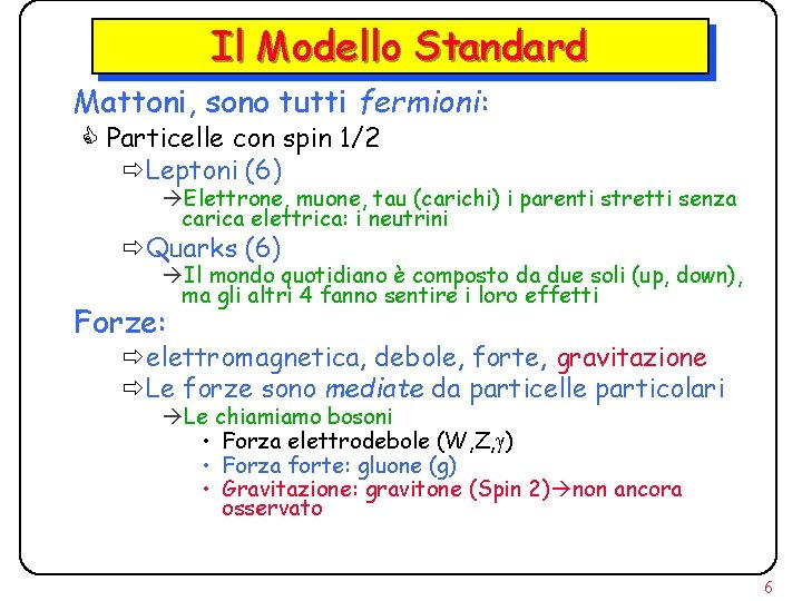 Il Modello Standard Mattoni, sono tutti fermioni: C Particelle con spin 1/2 ðLeptoni (6)