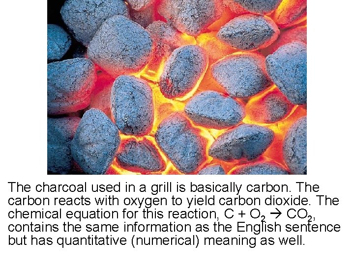 The charcoal used in a grill is basically carbon. The carbon reacts with oxygen
