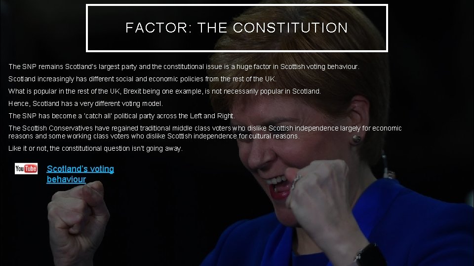 FACTOR: THE CONSTITUTION The SNP remains Scotland’s largest party and the constitutional issue is