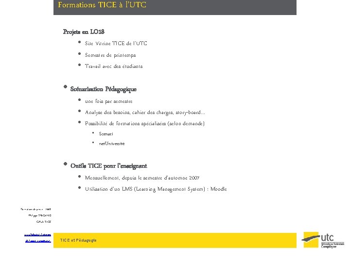 Formations TICE à l’UTC Projets en LO 18 • Site Vitrine TICE de l’UTC