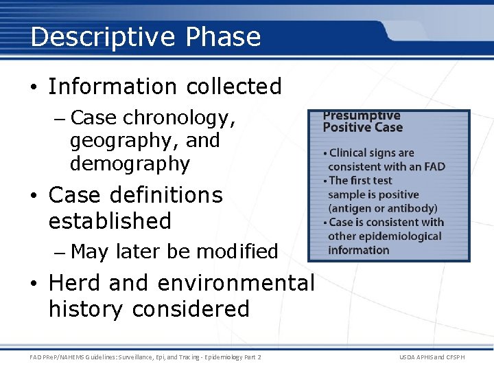 Descriptive Phase • Information collected – Case chronology, geography, and demography • Case definitions