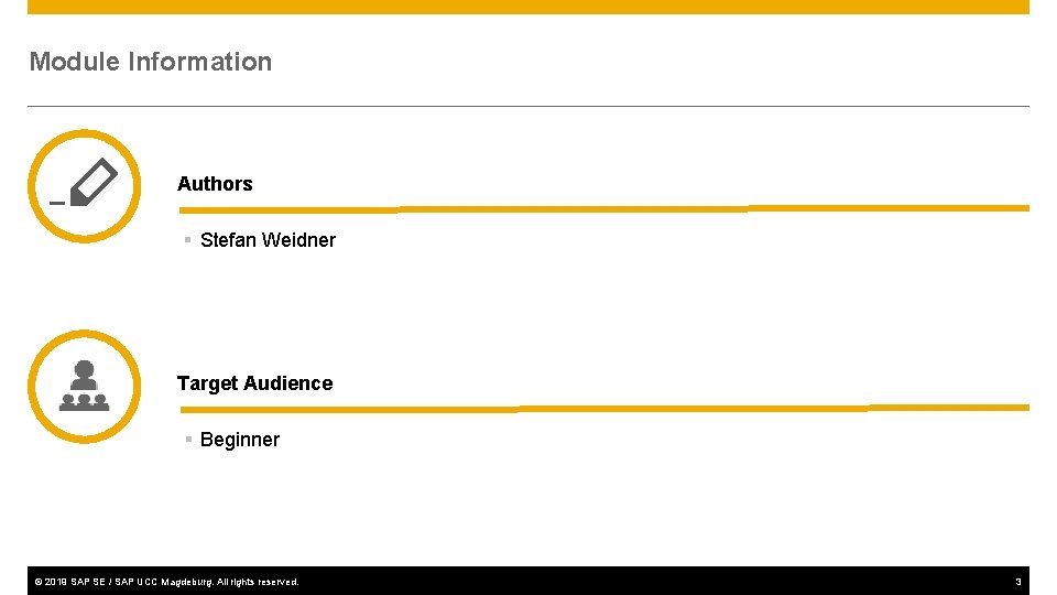 Module Information Authors § Stefan Weidner Target Audience § Beginner © 2019 SAP SE