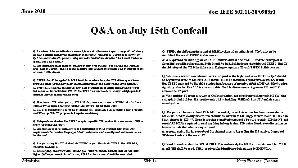 June 2020 doc: IEEE 802. 11 -20/0908 r 1 Q&A on July 15 th